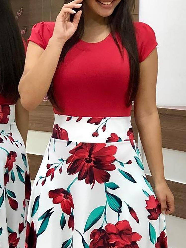 Ladies Dress one-piece Printed skirt longuette Slim Milk Silk Dress Elastic Short Sleeves Women's Clothes