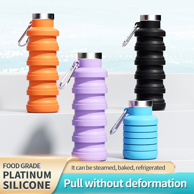 Food Grade Platinum Silicone Collapsible Water Bottle 500ml Portable Retractable Foldable Drinking Cup with Carabiner Leakproof Lightweight Outdoor Sports Travel Gym Running Cycling Hiking Reusable Flexible Water Mug Multiple Colors Available

