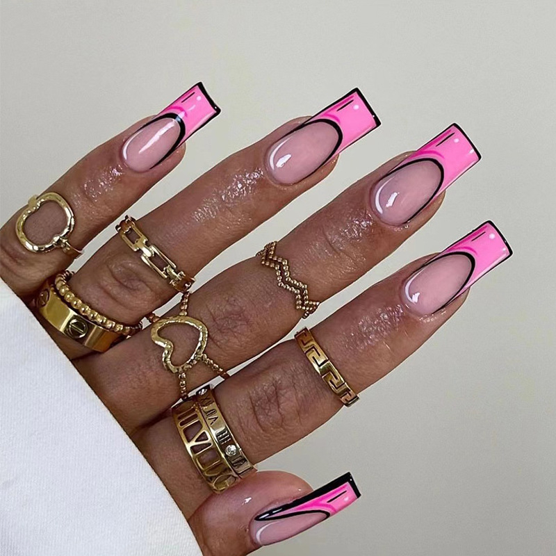 JP2204 Glossy Press on Nails, Medium Length Pink French Style Graffiti Fake Nails, Full Cover Artificial False Nails for Women and Girls
