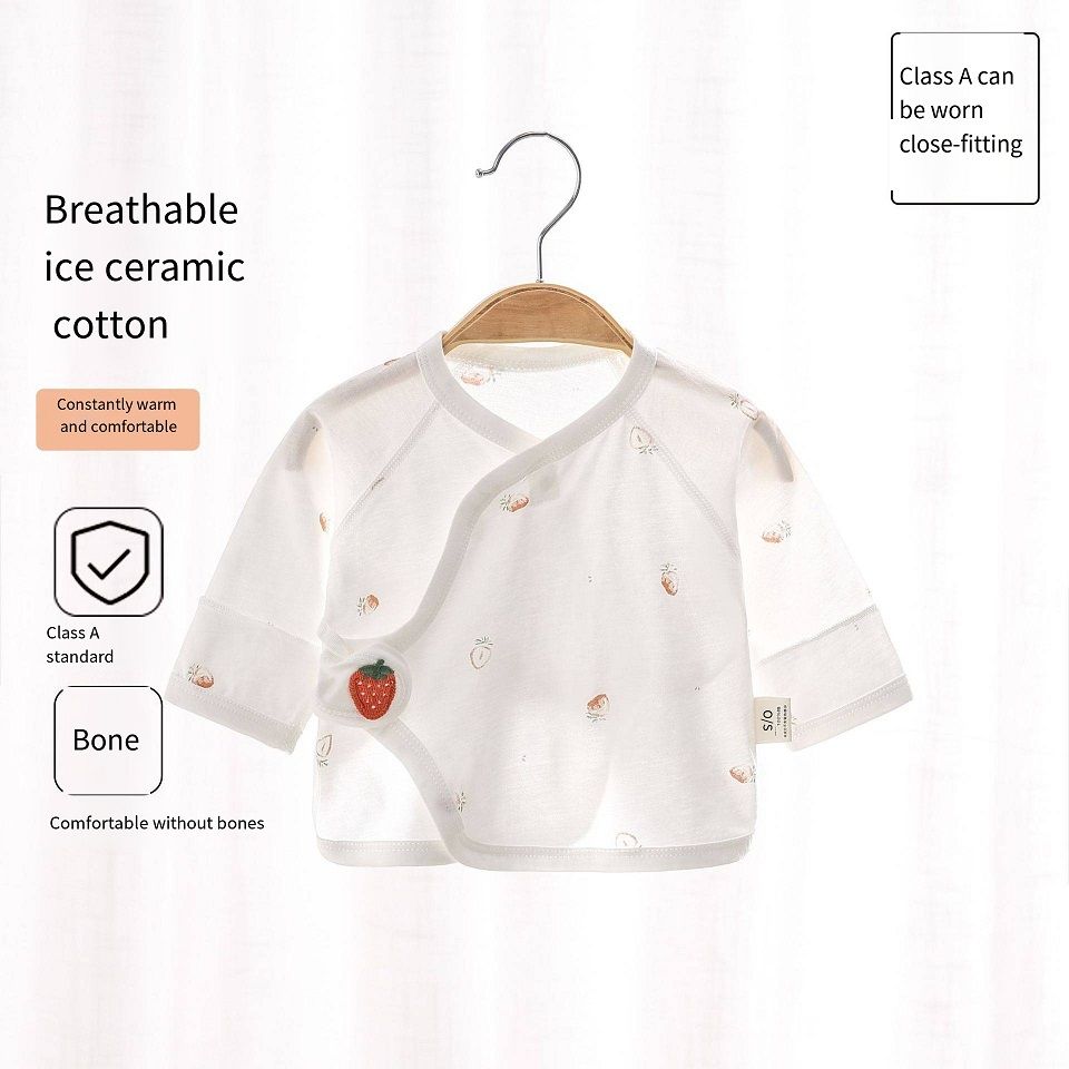 Newborn Ice Ceramic Cotton Kimono Top, No Bone Stitching Baby Half-Back Shirt, Breathable Wrap-Around Top with Magic Tape, Double Belly Protection, 52-59cm