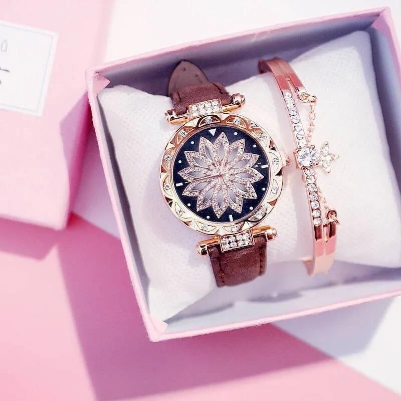 Luxury Diamond Women's Watch Crystal Watch Bracelet Set Women's Jewelry Casual Starry Sky Rose Gold Watch