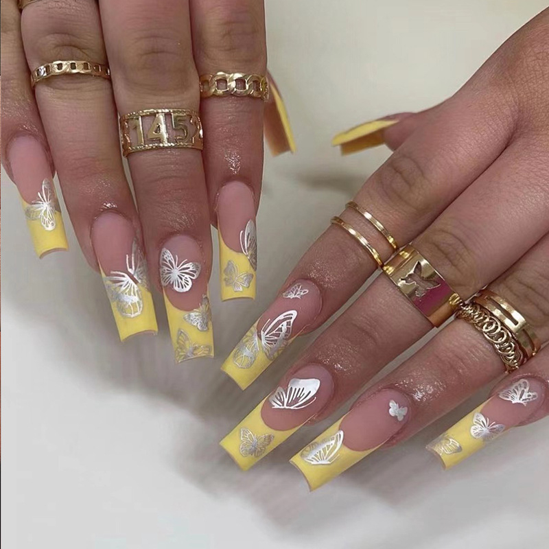 JP1744 24 Pcs Matte Press on Nails, Medium Coffin French Butterflies Print Fake Nails, Full Cover Artificial False Nails for Women and Girls