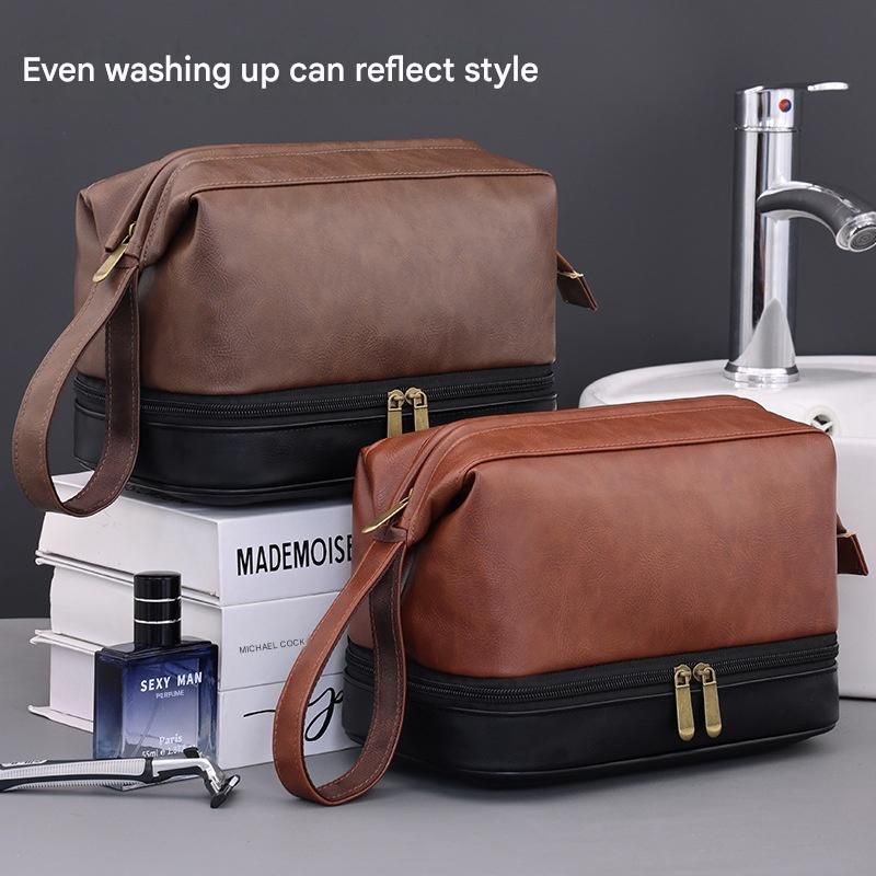 Vintage Luxury Double Layer Men's Toiletry Bag Portable Large Capacity Handheld Travel Cosmetic Makeup Storage Bag
