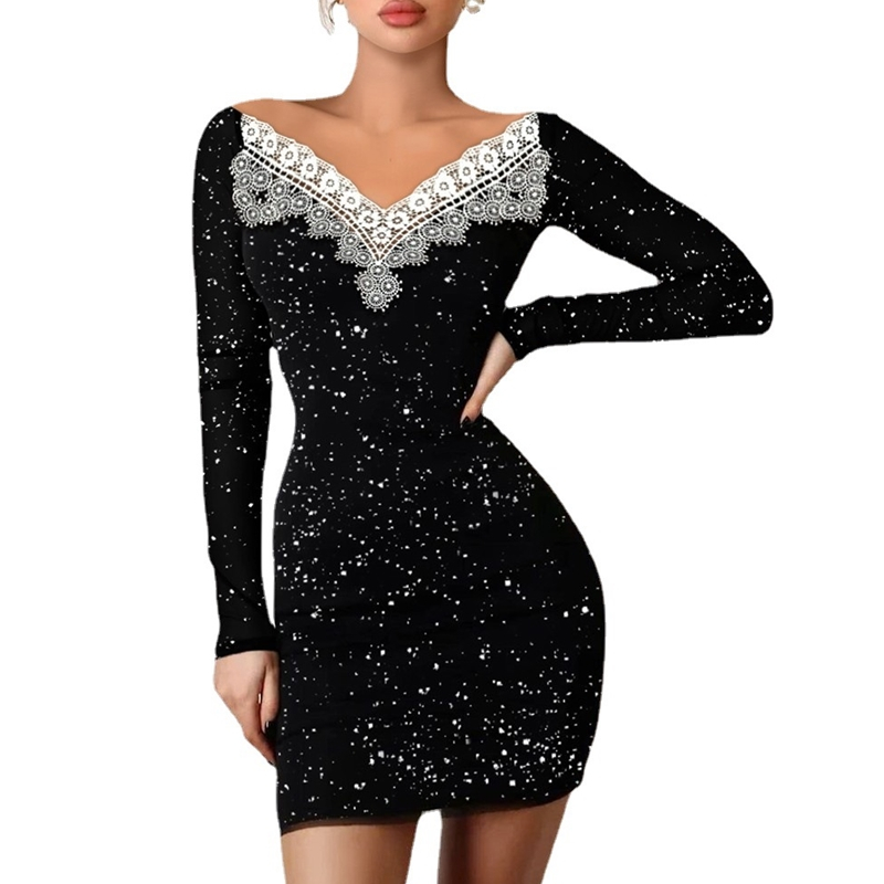 211117 Women's Vintage Floral Lace Long Sleeve Boat Neck Sequin Cocktail Party Sexy Bodycon Dress