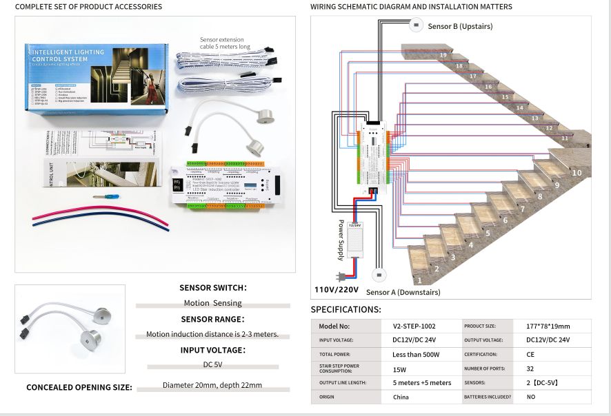 32 Channel Motion Sensor LED Stair Controller Automatic Staircase Lighting Controller Short Circuit Proof Stairway Step Light Controller Adjustable Brightness for Indoor Under Stair Lighting model 1002