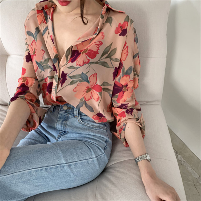 S-B144-15-8835 Women's Summer New Print Thin Shirt Loose Long-Sleeved Shirt