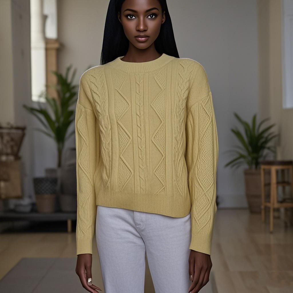 Wool Knit Blue Woven Round Neck Thick Women's Sweater