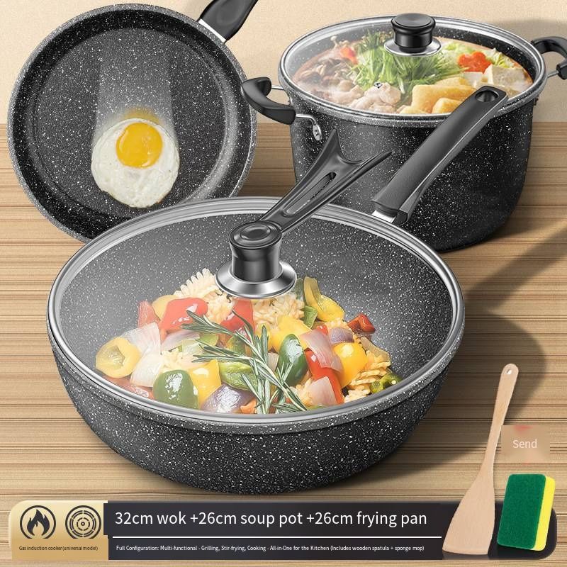Maifan Stone Non-Stick Cookware Set, 3-Piece Household Soup Pot Frying Pan Wok, Stove Universal, Suitable for Home Kitchen