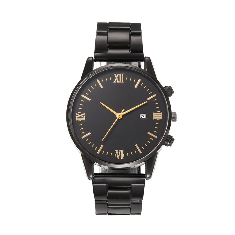 New men's fashionable and versatile casual watch with calendar, iron strap, quartz watch, business watchgolden