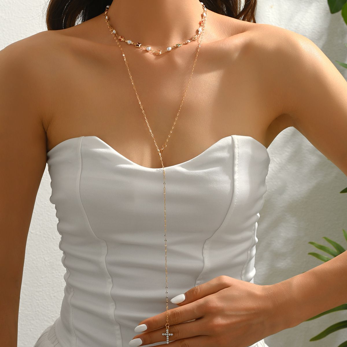 Gold Layered Lariat Necklace with Crystal Cross Pendant, Colorful Bead & Faux Pearl Choker, Adjustable 39+4.5cm Sweet Cool Style for Women
