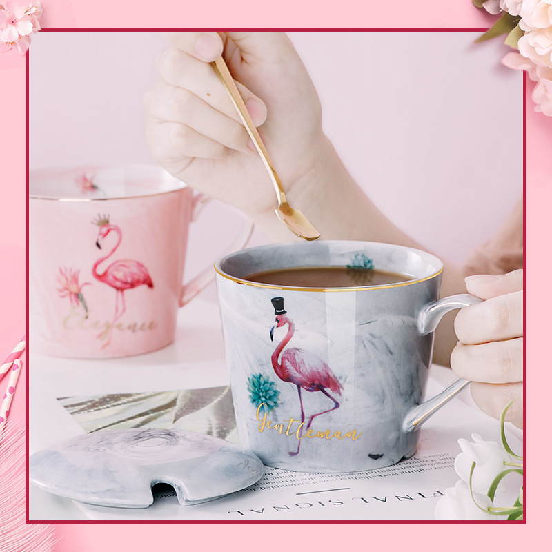 Creative flamingo gift cup to send customers restaurant water cup marbled mug cute girl pink cup 390ML