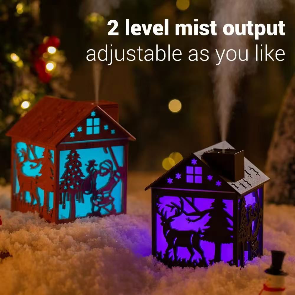 New Wooden House Humidifier, Mini USB Humidifier with 7-Color Ambient Light, Personal Desktop Humidifier for Home, Bedroom, Office, Large Mist Output, Quiet Moisturizing Humidifier with Night Light