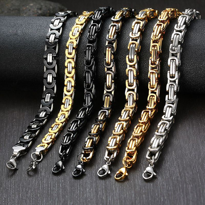 CG001 6MM Width Stainless Steel Byzantine Chain Link Necklaces for Men Women Jewelry Black Gold Silver Color 22cm/50cm/55cm/60cm