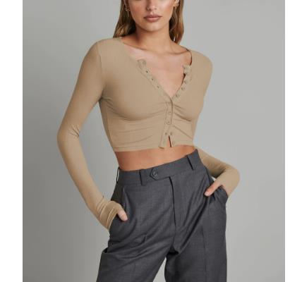 ESIJ Women's Autumn Fashion Button Rib Top Long Sleeve Knitted Crop Top