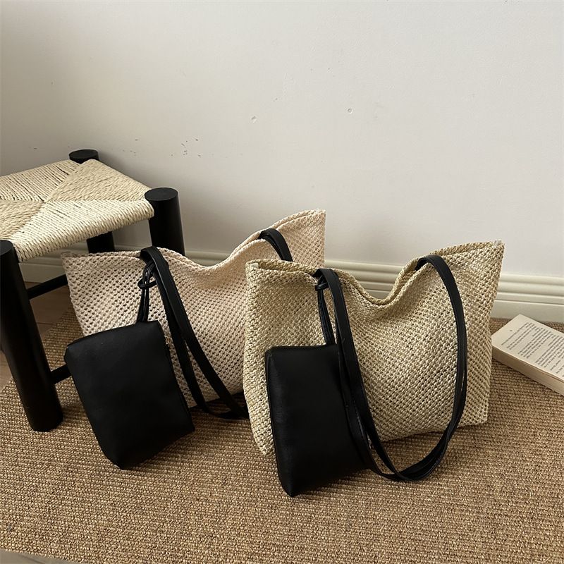 Women's Summer Mesh Straw Tote Bag, Casual Beach Vacation Shoulder Bag with Detachable Pouch, Large Capacity Commute & Travel Handbag in White & Khaki
