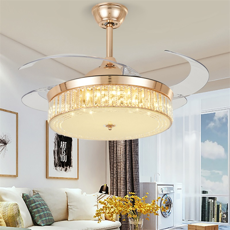 OUFULA Ceiling Fan Light Invisible Luxury Crystal LED Lamp With Remote Control Modern For Home Living Room Bedroom