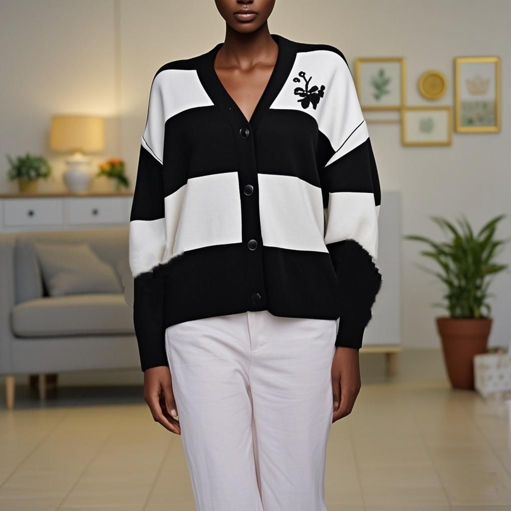 Wool Stripe Embroidery Simple Women's Cardigan Sweater