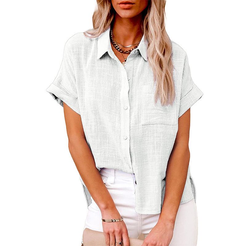 Women's Spring/Summer New Popular Top Cotton and Hemp Pocket Short sleeved Shirt MJ2215

