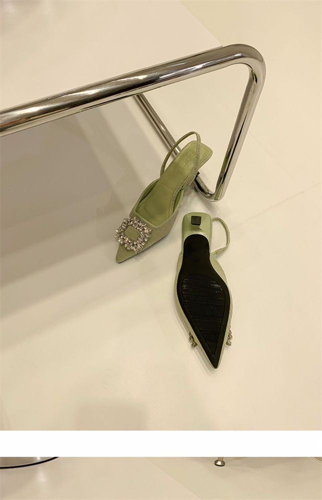 French style low heel pointed head square buckle rhinelene sandal female bag head back empty elastic belt thin heel sandal female