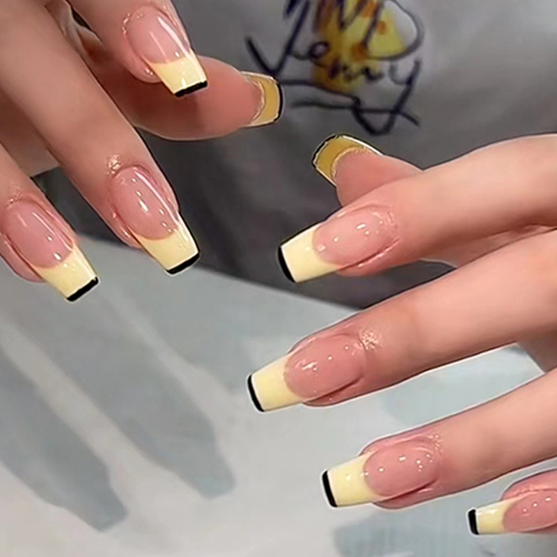 R527 24 Pcs Glossy Press on Nails, Super Long Coffin French Contrast Color Fake Nails, Full Cover Artificial False Nails for Women and Girls