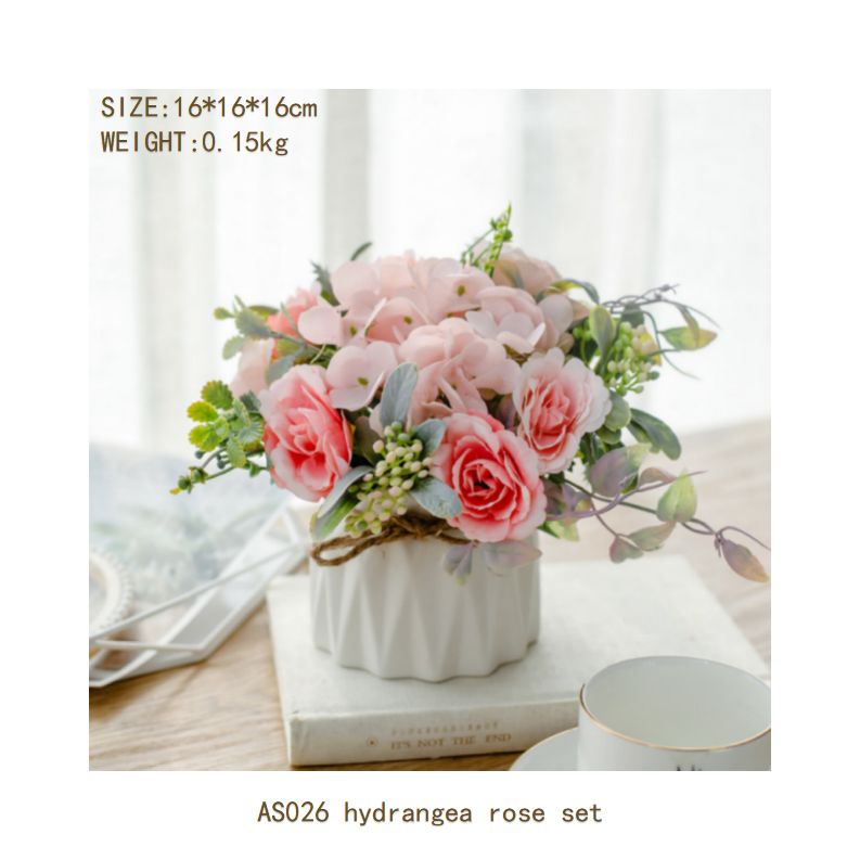 Hydrangea rose set ceramic hemp rope vase artificial flowers silk flower pastoral floral ornaments living room dining room dining table hotel wedding church venue funeral ceiling road layout home decoration flower arrangement holding flowers photo props flowerpotAS026 hydrangea rose set