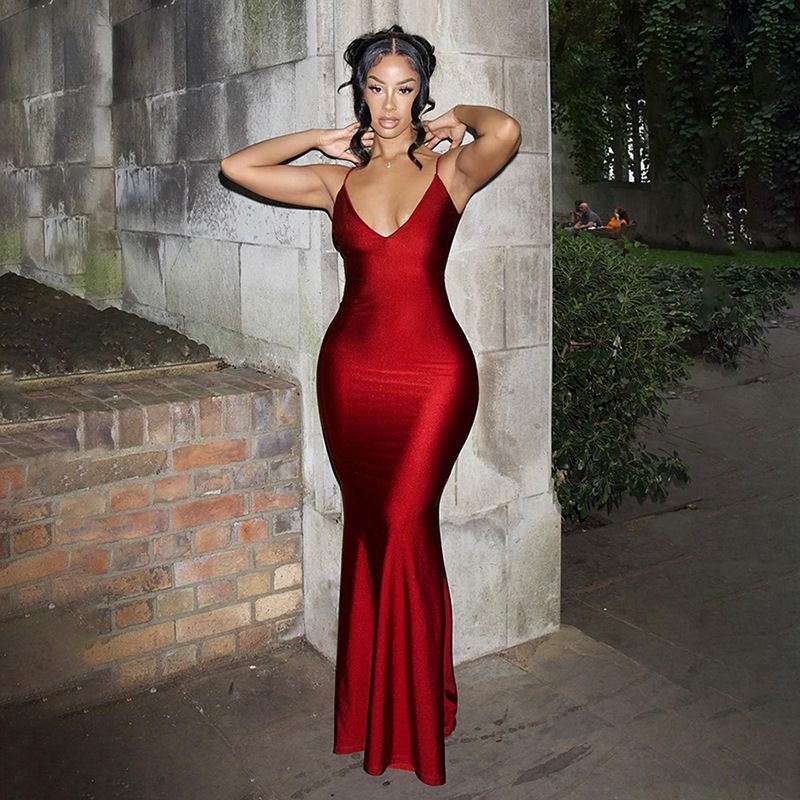 K22D21780 Maxi Dress Ladies New Party Summer Evening Dress Pure Color Sexy Nightclub Party