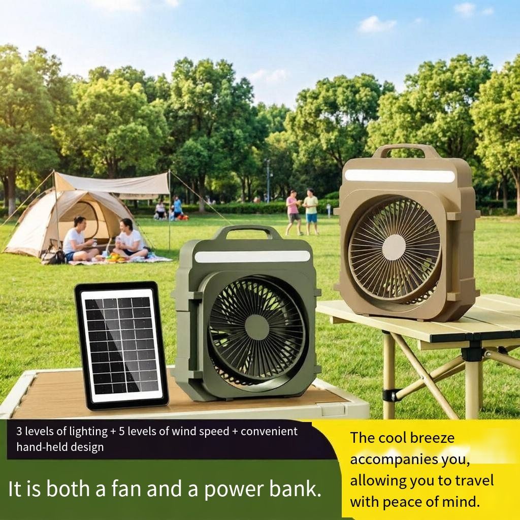 Solar Outdoor Camping Fan Portable High Wind Electric Fan Large Capacity Battery Fan with Solar Charging Panel