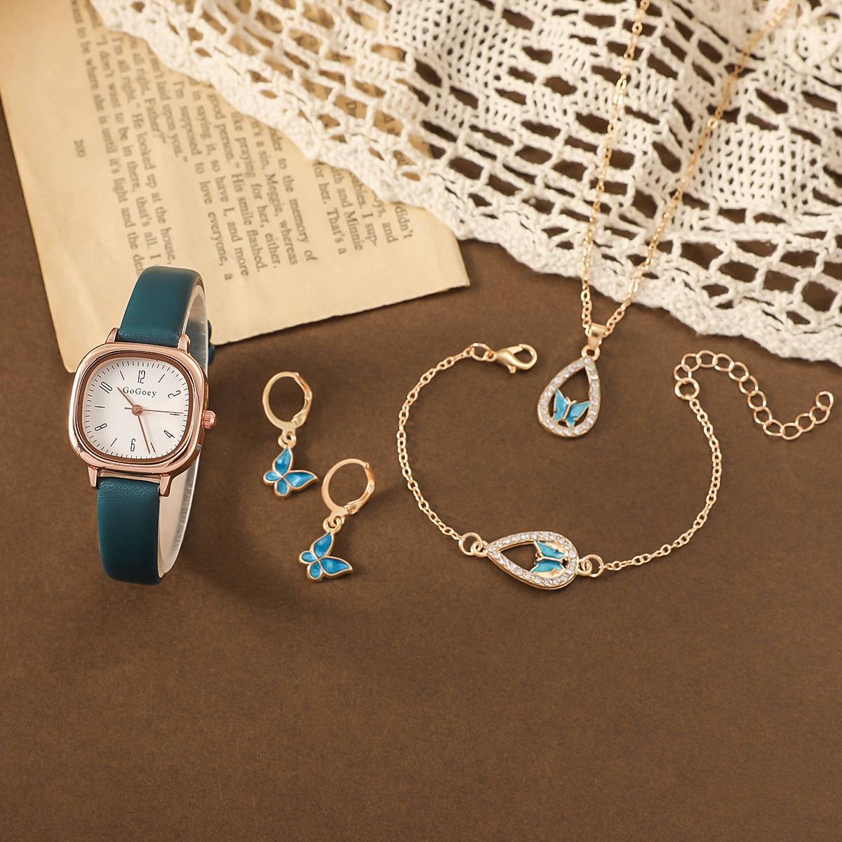 Women’s 4-Piece Watch & Jewelry Set with Square Dial Leather Strap Watch, Butterfly Enamel & Rhinestone Necklace, Earrings & Bracelet, Elegant Gift Boxed Set for Her
