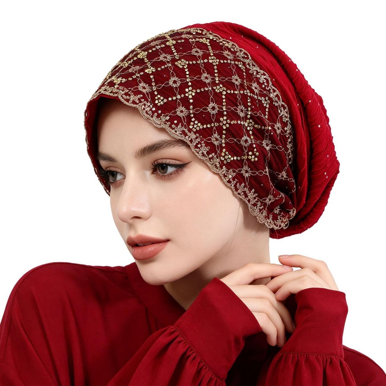 Luxury Heavy-duty Lace Rhinestone Headscarf Women Breathable Hair Protection Turban Hat Fashion Decorative Headwear