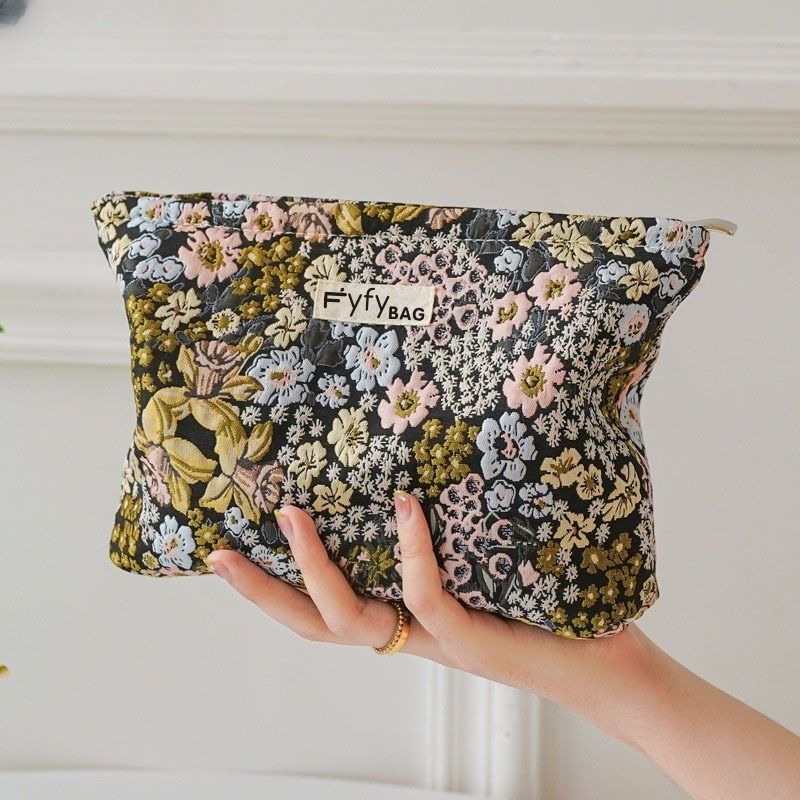 Fresh Black Floral Cosmetic Bag, Portable Skincare Storage Pouch, Travel Toiletry Bag, Inner Liner Bag for Outdoor Trip
