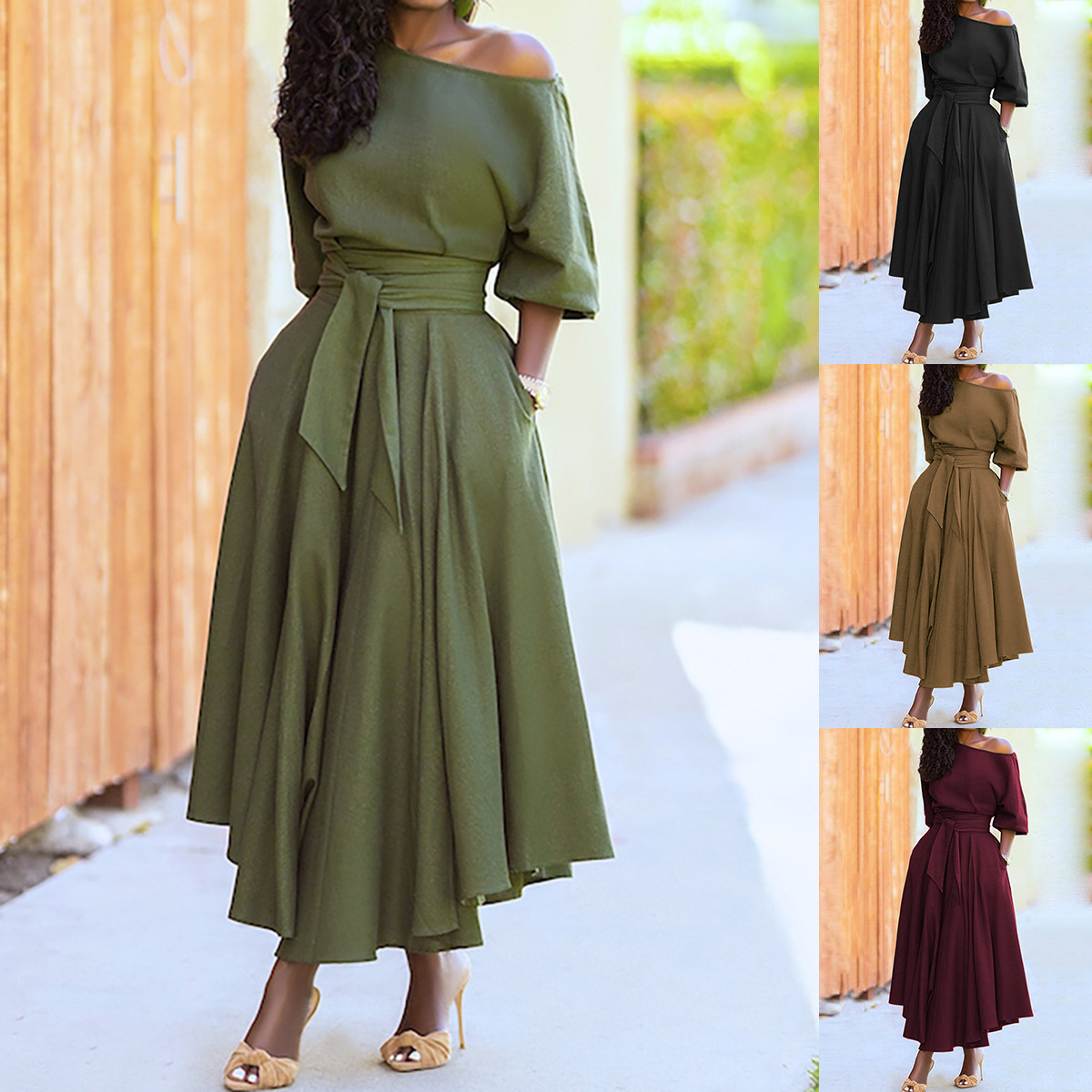 9058 Women Slanted Shoulder Collar Straps with a Cinched Waist Temperament Solid Color Dress