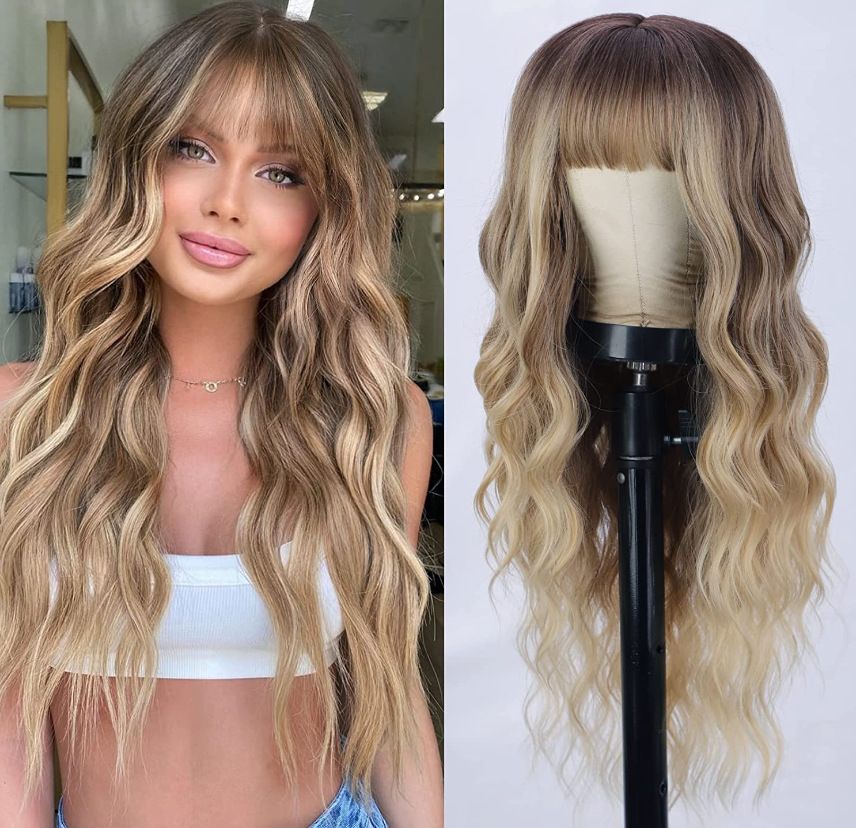 2585 26 Inch Long Curly Blonde Wigs for Women Gradient Color Blonde Long Wavy Wig Middle Part Natural Looking Heat Resistant Fiber