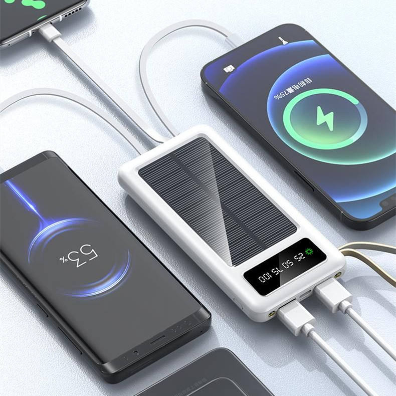 P25 Portable Charger with Built in Cable and Wall Plug 10000mAh 37W Fast Charging Solar Power Bank with 5 Output & 2 Input Dual LED Flashlights Phone Holder External Battery Pack for iPhone Samsung