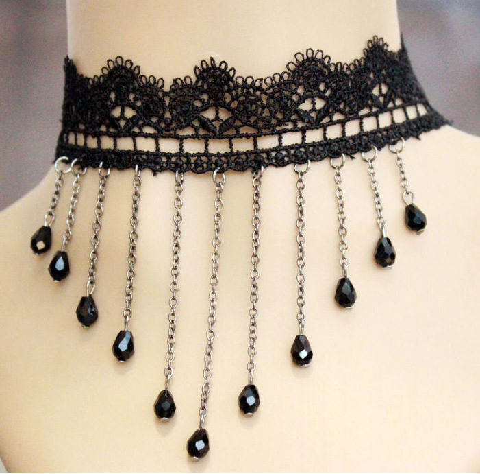 SC63419 Gothic Lace Choker Necklace Black Crystal Tassel Collar Necklace Sexy Women's Costume Party Vintage Thick Choker
