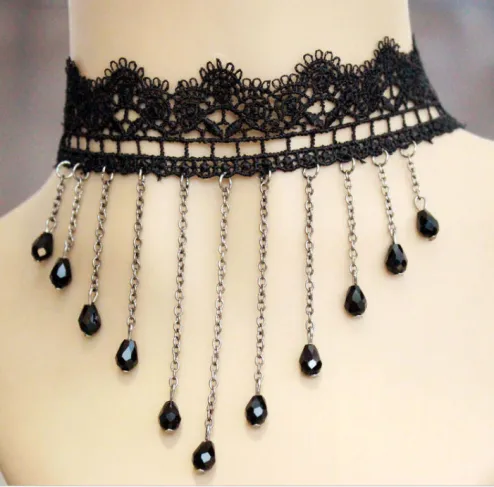 Gothic Black Lace Choker Necklace With Crystal Tassel For Women