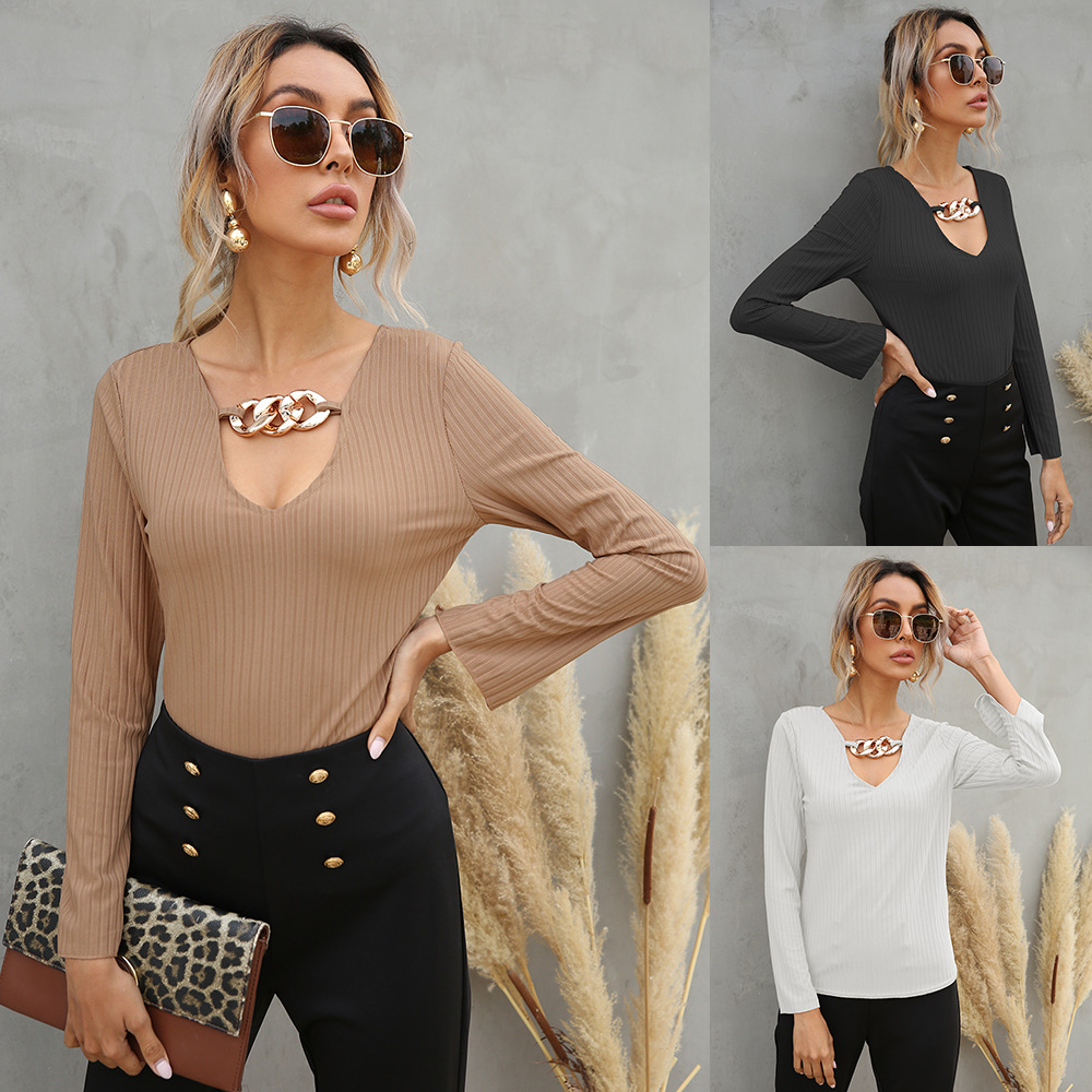 101600 Spring and Autumn Pit Strip Deep V Collar Chain Decoration Long Sleeve T-shirt