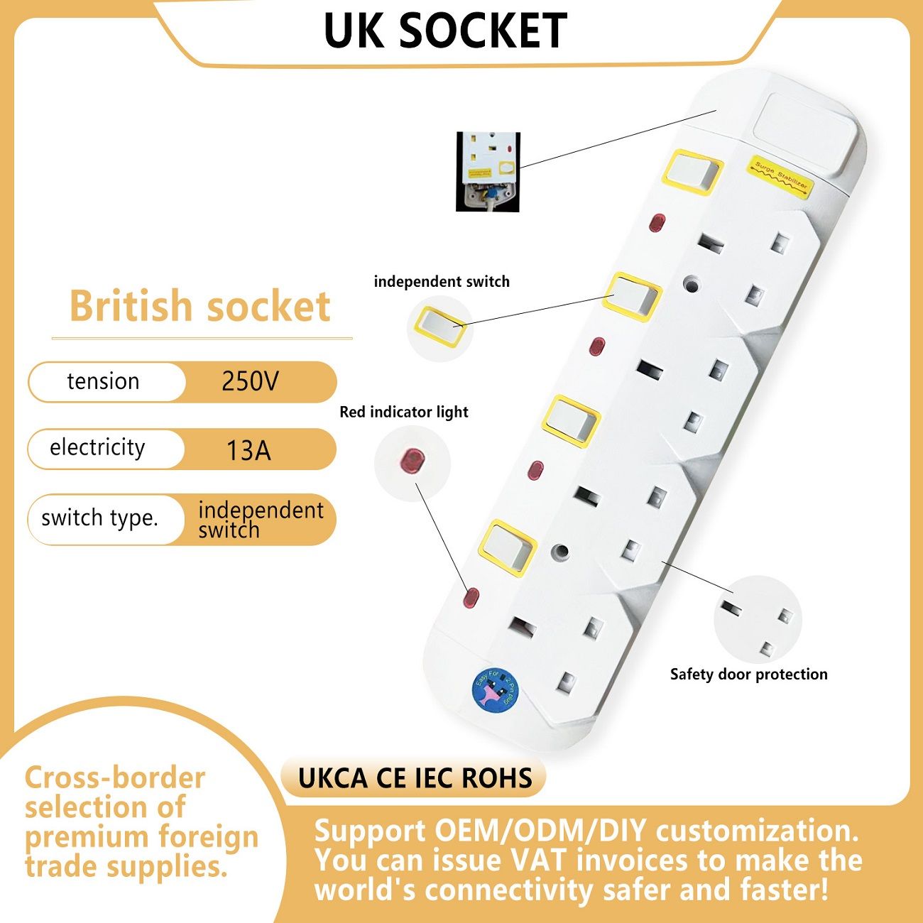 UK Standard 13A Power Strip British Extension Lead Multi Socket Extension Cord with 2m 3m 5m Long Cable for Home and Office