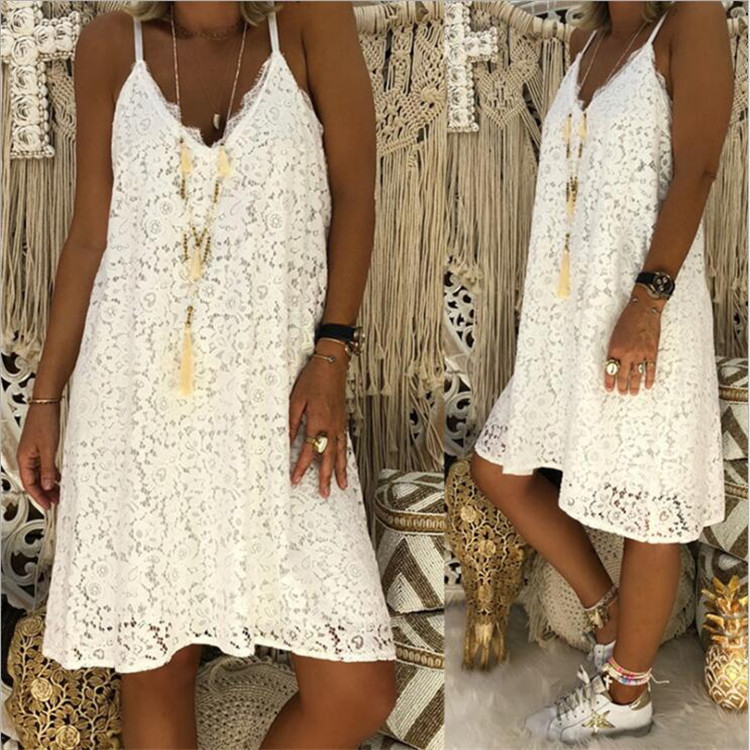9986 Women's Summer Solid Color Sleeveless V-Neck Dress Suspender Lace Loose Dress