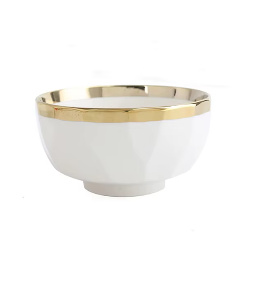 Luxury Embossed Dot White Wedding Hotel Serving Ceramic Luxury Soup Rice Bowl With Gold Rim