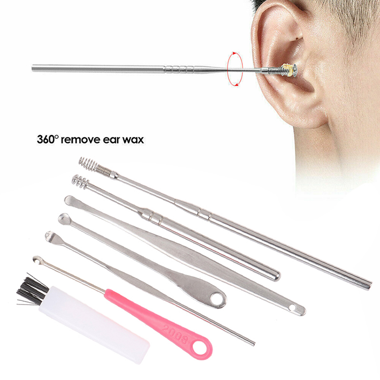 7Pcs/set Ear Wax Pickers Stainless Steel Earpick Wax Remover Curette Ear Pick Cleaner Ear Cleaner Spoon Care Ear Clean Tool 