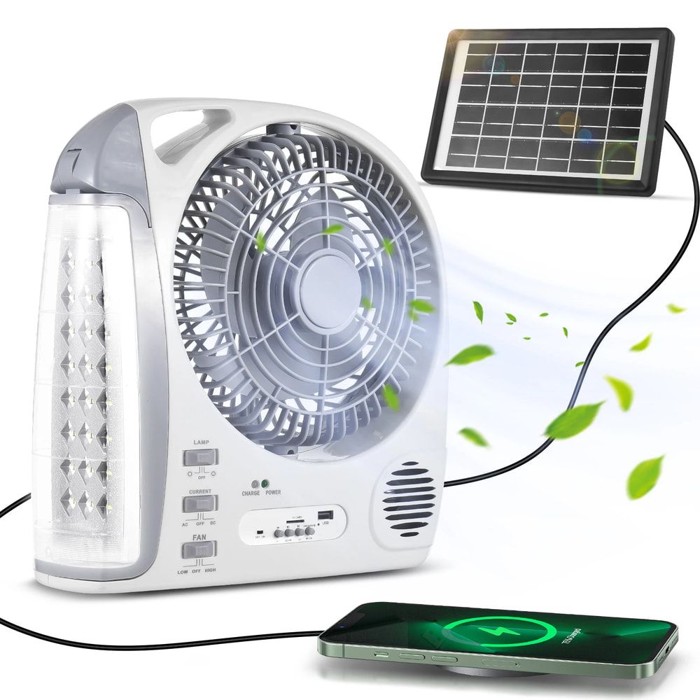 Multifunctional 6-in-1 Portable Fan LED Light Solar Rechargeable 2 Speed Brightness Adjustable Support TF Card/USB/FM Radio/BT