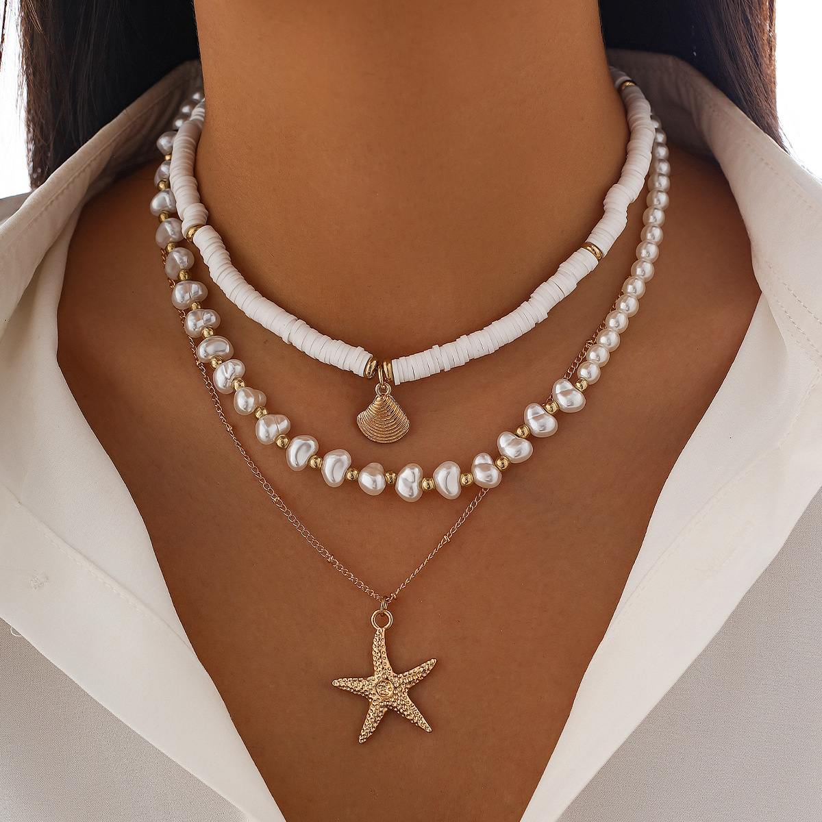 Bohemian Beach Soft Clay Imitation Pearl Stacked Necklace Irregular Shell Starfish Crushed Stone Beaded Neck Jewelry for Women