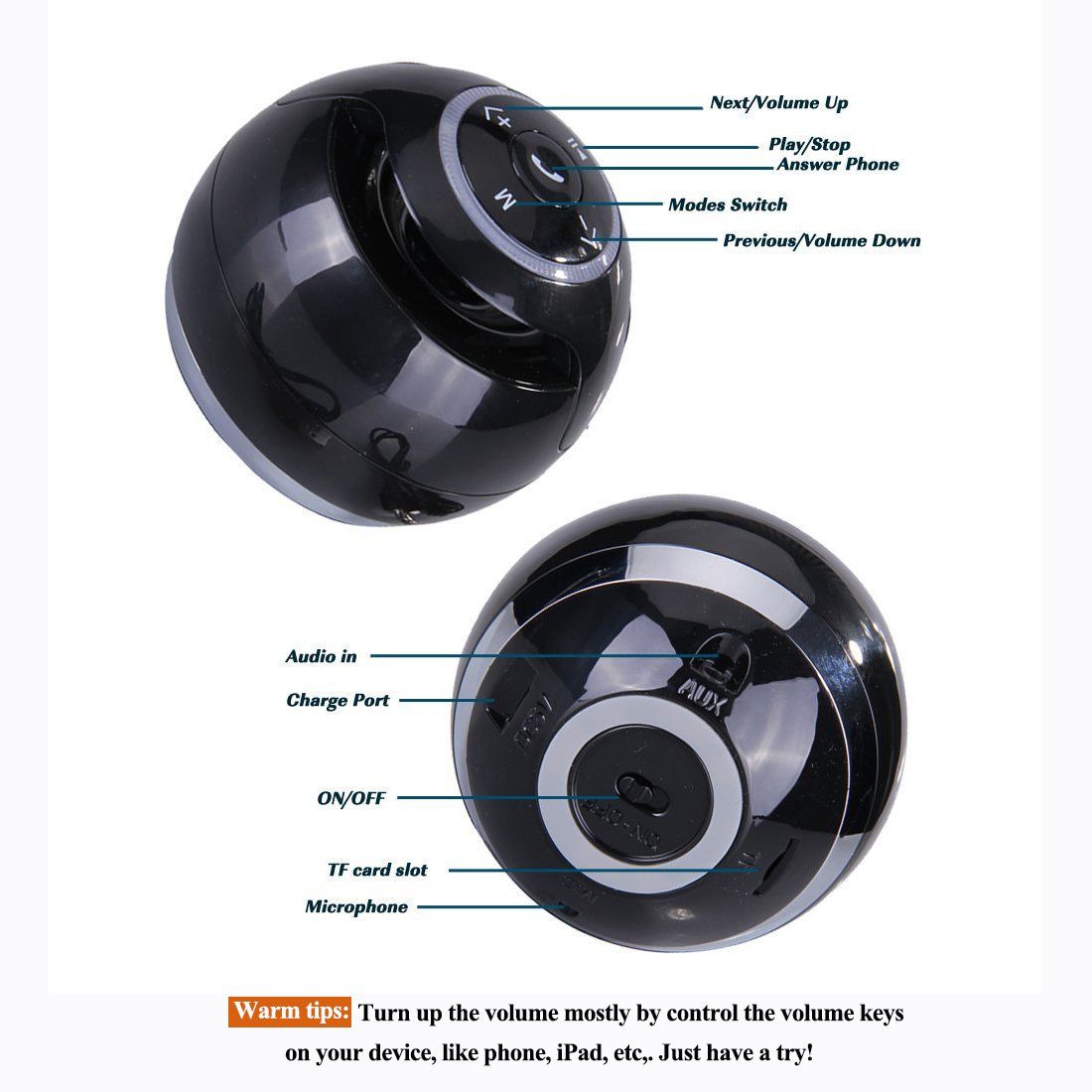 Wireless Bluetooth Speaker Ball Post TF FM Radio MP3 - Black