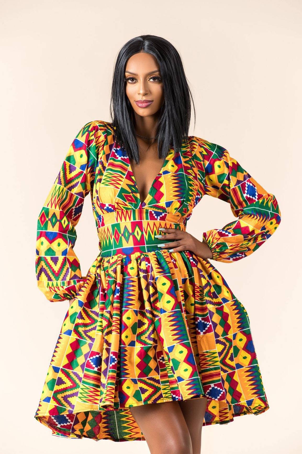 African Print Women Long Sleeve V Neck Dress Sexy Lace Up Backless Big Swing Sexy Dress Party Night Dresses TospinoMall online shopping platform in GhanaTospinoMall Ghana online shopping