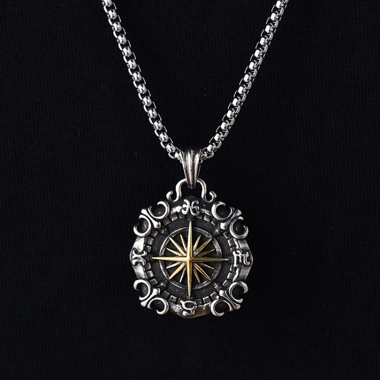 Necklace Europe and America street male female Titanium steel necklace Star Sea Compass Pendant pirate Hip Hop personality Clavicular chain CRRSHOP men women Steel color jewelry necklaces 