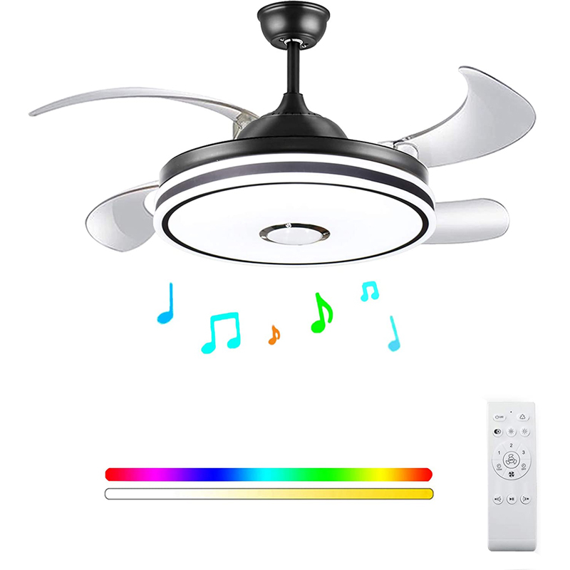 Peach Retractable ceiling fan light and Bluetooth speaker color Changing 36W 49.2In Black ceiling fan with remote control. 