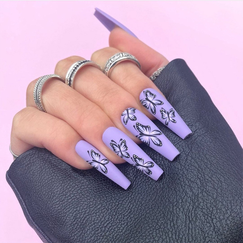 24pcs/Set Detachable Long Coffin Fake Nails European Purple  Butterfly Pattern Full Nail Art