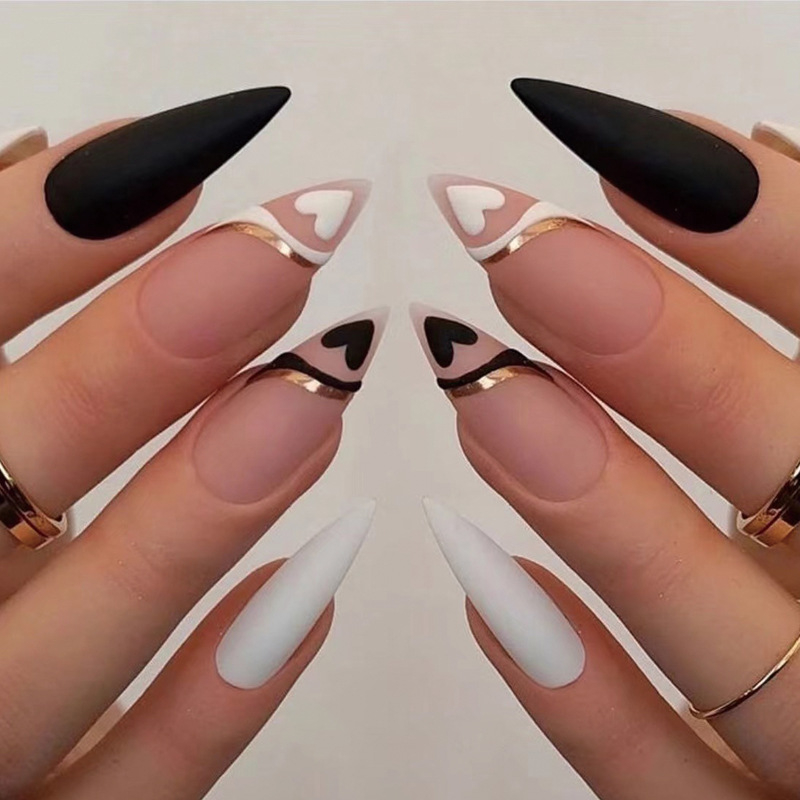 JP1796 24 Pcs Matte Press on Nails, Medium Stiletto French Hearts Line Print Fake Nails, Acrylics Full Cover False Nails for Women and Girls

