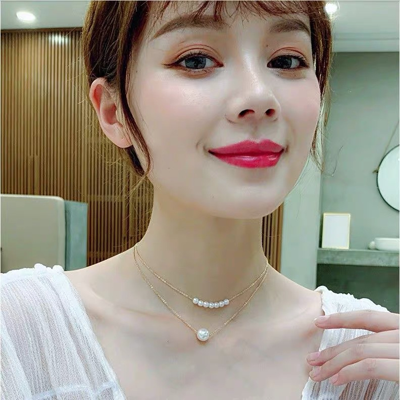 X121 Women's Simple Pearl Double Layer Necklace Collarbone Chain Jewelry Gift