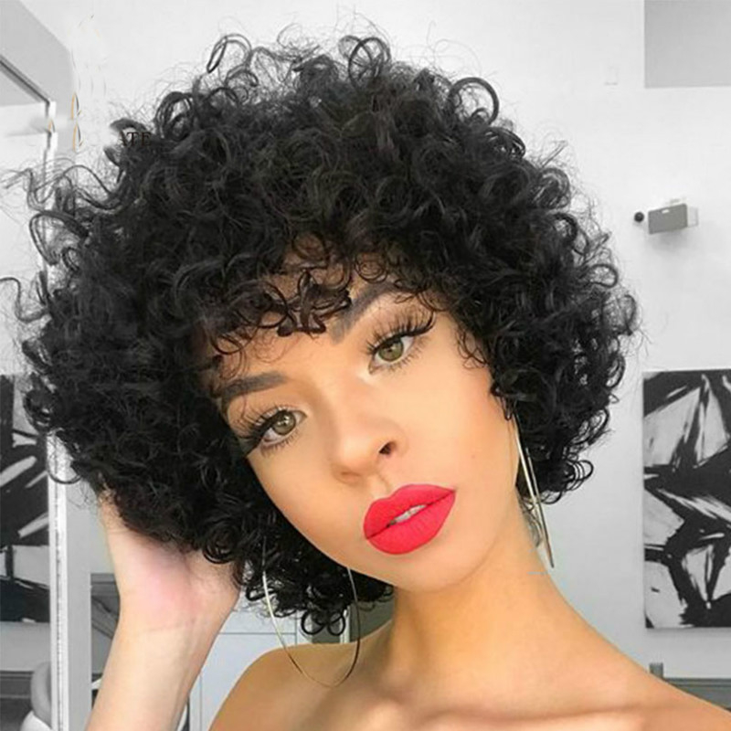 K50 Short Afro Kinky Curly Wig with Bangs for Black Women Black Brown No Glue Full and Fluffy like a Bomb Short Curly Hair Wigs